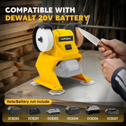 Hard Charging Cordless Mini Bench Grinder Polisher Rolling 5500 RPM with knife in use, compatible with Dewalt 20V battery.