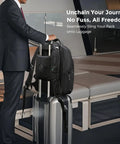 Businessman with TSA Approved Laptop Backpack With USB Charging Port, RFID Safe Pockets on luggage, airport lounge.