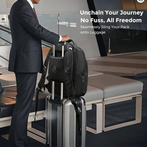 Businessman with TSA Approved Laptop Backpack With USB Charging Port, RFID Safe Pockets on luggage, airport lounge.
