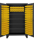 Heavy Duty Gray Steel Storage Cabinet With Four Adjustable Shelves And 144 Organizational Bins showing yellow bins and open doors.