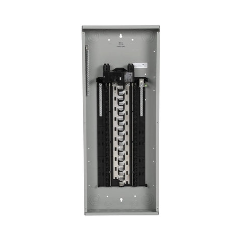 200 Amp 40 Space 40 Circuit Main Breaker Plug On Neutral Indoor Load Center Ready To Go For Easy Quick Install, Factory Ground Bar Ample Wire Bending Space For 120 240V Systems. gray metal panel