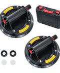 Two 8-inch glass suction cups with red release levers and a black storage case for lifting glass, tile, granite, marble.