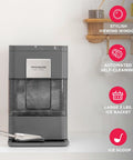 Compact Countertop Nugget Ice Maker Making 44 Pounds Daily In Just Ten Minutes Featuring Smart Touch Controls And Auto Self Cleaning Tech, gray with stylish window.