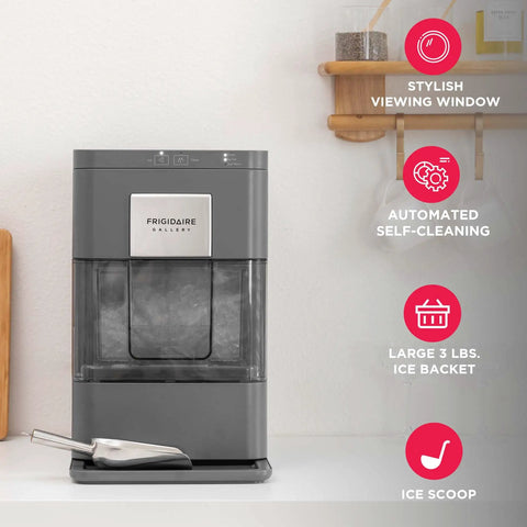 Compact Countertop Nugget Ice Maker Making 44 Pounds Daily In Just Ten Minutes Featuring Smart Touch Controls And Auto Self Cleaning Tech, gray with stylish window.