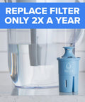 Front view of blue BRITA Elite pitcher filter cartridge beside a clear water pitcher.