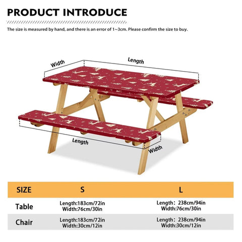 Christmas Reindeer Fitted Picnic Table and Bench Cover Set With Windproof Dustproof Washable Rectangle Tablecloth for backyard