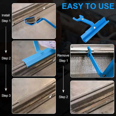 Guide showing the installation and removal process for a duct clip tool for HVAC ductwork with magnetic clip access in use on sheet metal.