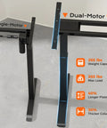 Huuger Dual Motor Electric Standing Desk Frame Black showing single and dual motor options with weight capacity details.