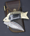 Damascus Fish Style Folding Knife With Ladder Pattern Blade Handmade Damascus Steel Pocket Knife on brown leather sheath.