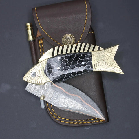 Damascus Fish Style Folding Knife With Ladder Pattern Blade Handmade Damascus Steel Pocket Knife on brown leather sheath.