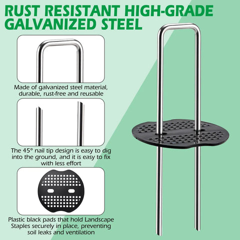 Close up of 12-inch galvanized steel garden staple with black pad for weed barrier, featuring 100 Pack Landscape Staples And 100 Pack Gaskets 12 Inch 11 Gauge Galvanized Steel Garden Staples With Black Pads Turf Staples For Weed Barrier Grass Pro.