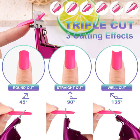 Premium Adjustable Nail Clippers With Magnets And Sizers For Acrylic Nails showing triple cut effects: round, straight, well.