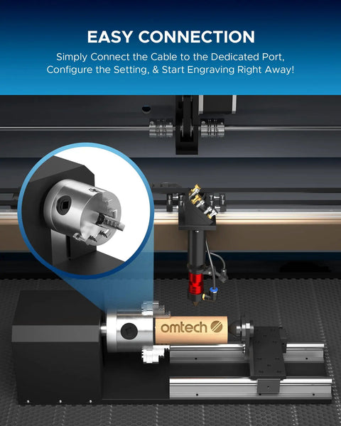 Rotary Cutter and Engraver Attachment With Three Jaw Chuck and Two Phase Stepper Motor for CO2 Laser Engraving Machines setup display