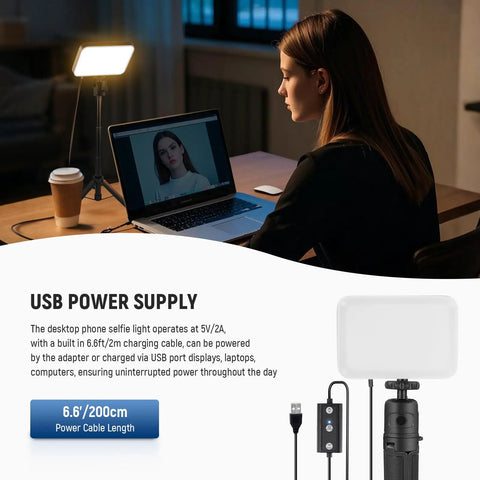 Two Pack LED Video Panel Light Kit with one light illuminating a woman on a Zoom call, USB power connection visible