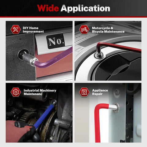 Magnetic Ball End Allen Wrench Set in use for DIY home improvement, motorcycle maintenance, industrial machinery, appliance repair.