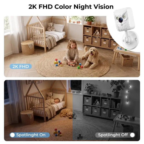 Keep Your Place Secure Hella Sharp 2K Indoor Camera With Full Color Night Vision And Dual Band Wifi for baby monitoring in a cozy nursery.