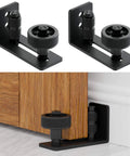 Sliding Barn Door Floor Guide With Wall Mount Stay Roller And Eight Setup Options Adjustable Flush Flat Bottom Door Guides Non Scratch Barn Door Hardware Kit With Felt Strips Two Pack; installed view with roller against door and wall