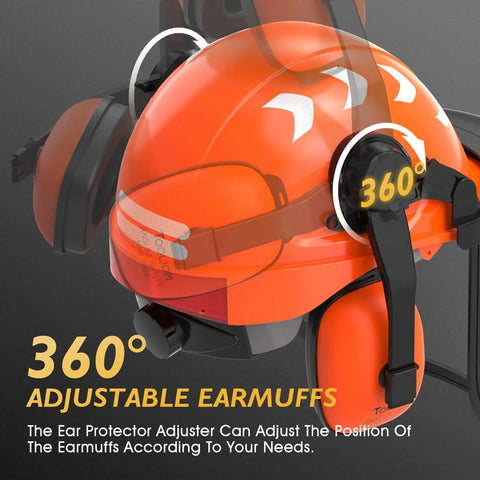 Close-up of 5 In 1 Chainsaw Helmet With Face Shield Ear Muffs Anti Fog Goggles And Mesh Shield showing adjustable earmuffs.