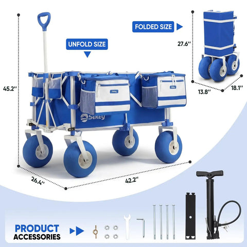 Heavy Duty Beach Wagon With 9 Inch Sand Proof Wheels And 300L Capacity Foldable Cart With Cooler Adjustable Handle And Balloon Tires