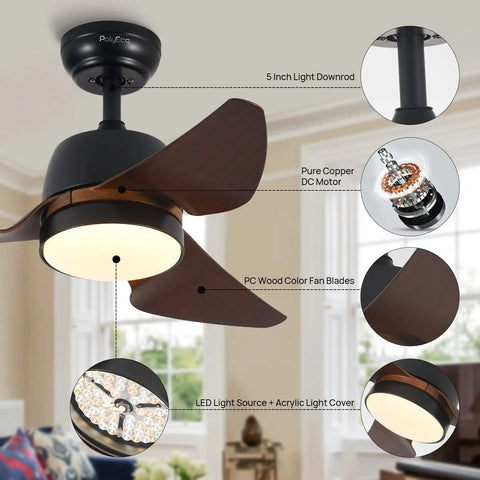 Ultra Quiet DC Motor Ceiling Fan With LED Light For Indoor Outdoor Use, 35 Inch Waterproof IP44, Dope Dark Metal Body, Brown Wood Grain Blades