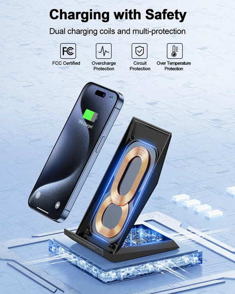 Two Coil Fast Wireless Charger Stand For iPhone 17 17 Air 16 15 15 Pro 15 Plus 14 13 And Galaxy S22 S23 S24 S25 S26 Nightstand Dock For Quick Charge 2.0 3.0 Compatible showing dual coils