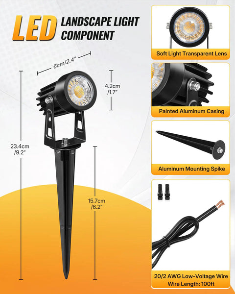 Close-up of LED landscape light with transparent lens and aluminum casing from All In One LED Low Voltage Landscape Lighting Kit.