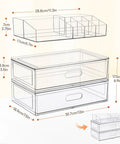 Clear Acrylic Stackable Makeup Organizer With Drawer Elevates Your Vanity Routine, displaying dimensions and tiered bins.