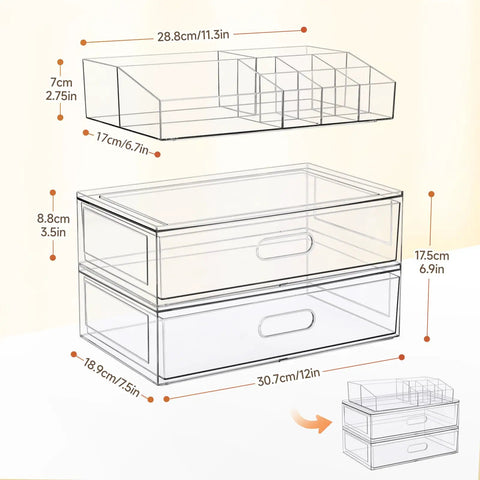 Clear Acrylic Stackable Makeup Organizer With Drawer Elevates Your Vanity Routine, displaying dimensions and tiered bins.