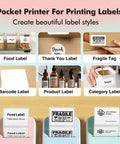 Image showcasing various labels printed from Banapoy Inkless Bluetooth Thermal Label Maker Machine With Five Rolls Paper, including food, fragile, and barcode labels.