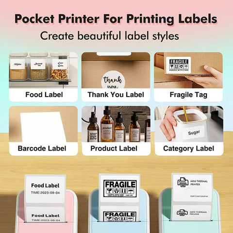 Image showcasing various labels printed from Banapoy Inkless Bluetooth Thermal Label Maker Machine With Five Rolls Paper, including food, fragile, and barcode labels.