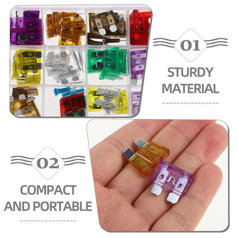 100 Piece Car Fuse Assortment Kit With Tester And Puller Tool For Standard Mini Low Profile Blade Fuses in organizer and hand close-up