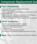 AC Compressor Replacement Guide detailing disassembly and installation steps with instructions for Hyundai Elantra and Kia Forte.