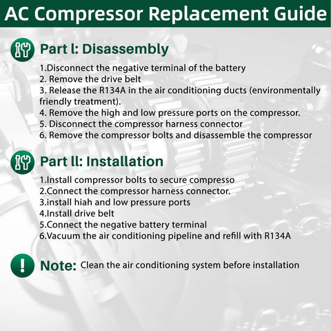 AC Compressor Replacement Guide detailing disassembly and installation steps with instructions for Hyundai Elantra and Kia Forte.
