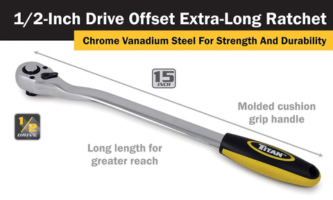 Half Inch Drive, 15 Inch Extra Long Offset Ratchet With 36-Tooth Reversible Mechanism, Chrome Vanadium Steel, Cushioned Grip Handle.