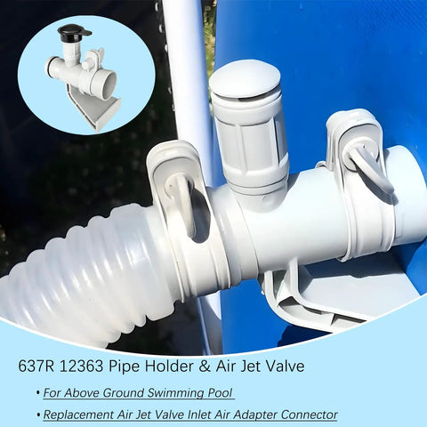 Close-up of gray pool pipe holder with air jet valve cap on above-ground pool, compatible with C1000 valves and adapters.