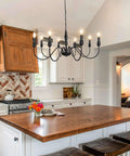 37.4 Inch Black Farmhouse Chandelier With 8 Candle Style Lights, Rustic Iron Arms Ceiling Light Fixture in kitchen
