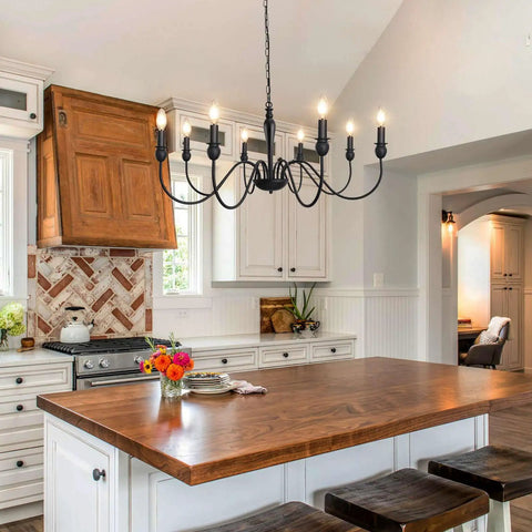37.4 Inch Black Farmhouse Chandelier With 8 Candle Style Lights, Rustic Iron Arms Ceiling Light Fixture in kitchen