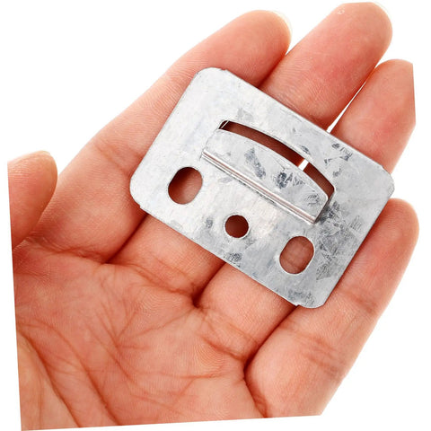 100 Piece Rugged Stainless Steel Gusset Plates Heavy Duty Wall Panel Clamps in a hand for drywall mounts and wood paneling.