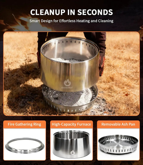 Smokeless 21 Inch Fire Pit With Dual Airflow For Clean Burn Stainless Steel Outdoor Firepit With Detachable Ash Pan in use for easy cleaning