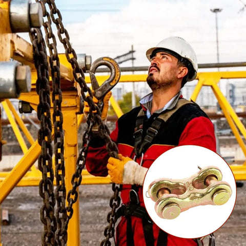 Worker using Heavy Duty 6 Pack 3/8 Inch G70 Alloy Steel Safety Chain Repair Links Forged Twin Clevis Connector with chains.