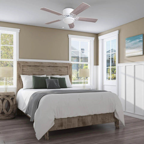 Large bedroom with 52 Inch Indoor Ceiling Fan With Light And LED Flush Mount 5 Blade Style In White Or Gray Oak Finish For Large Rooms.
