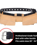 Heavy Duty Tool Belt For Men With 12 Pockets Pouch Utility Bag Suede Leather Work Apron For Electricians Carpenters Framers Construction Gear Built Tough And Ready For Any Job, adjustable 36-54 inch belt shown flat with roller buckle.