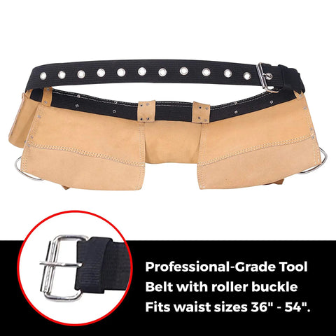 Heavy Duty Tool Belt For Men With 12 Pockets Pouch Utility Bag Suede Leather Work Apron For Electricians Carpenters Framers Construction Gear Built Tough And Ready For Any Job, adjustable 36-54 inch belt shown flat with roller buckle.