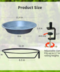 Product size diagram of No Bull Fully Adjustable Deck Mounted Birdbath With Secure Grip Rail Clamps showing dimensions of gray metal bowl.