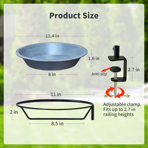 Product size diagram of No Bull Fully Adjustable Deck Mounted Birdbath With Secure Grip Rail Clamps showing dimensions of gray metal bowl.
