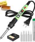 80W High Power Soldering Iron Kit With Digital LCD Temperature Display Ceramic Heater Quick Heat In 20 Seconds Pro Grade Adjustable 180-480 C Portable Welding Tool displayed with 5 tips, stand, solder wire, sponge, and paste