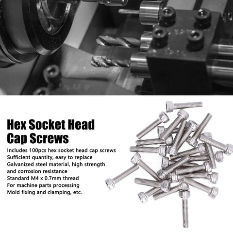 Heavy Duty M4 X 0.7Mm Hex Socket Head Cap Screws 100 Pcs Galvanized Steel Fastener Kit, shown with machinery background, ideal for repairs.