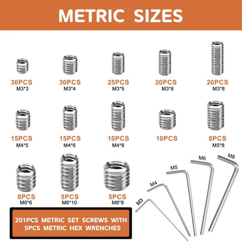 Metric sizes of 360 Piece Set Screw Kit 25 Size Metric And SAE Allen Screws For Bathroom Fixtures, with hex wrenches visible