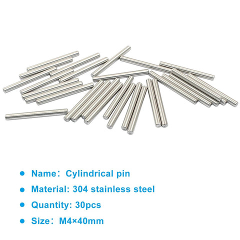 Image of 30pcs M4 40mm stainless steel dowel pins set for shelf support and furniture pegs, unthreaded cylindrical dowels, silver finish.