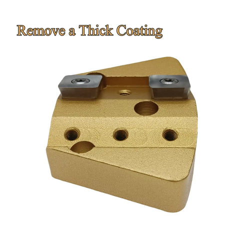 Bang For Your Buck Tungsten Carbide Scraper Set With Trapezoid Edged Blades. Gold scraper blade for coating removal on concrete.